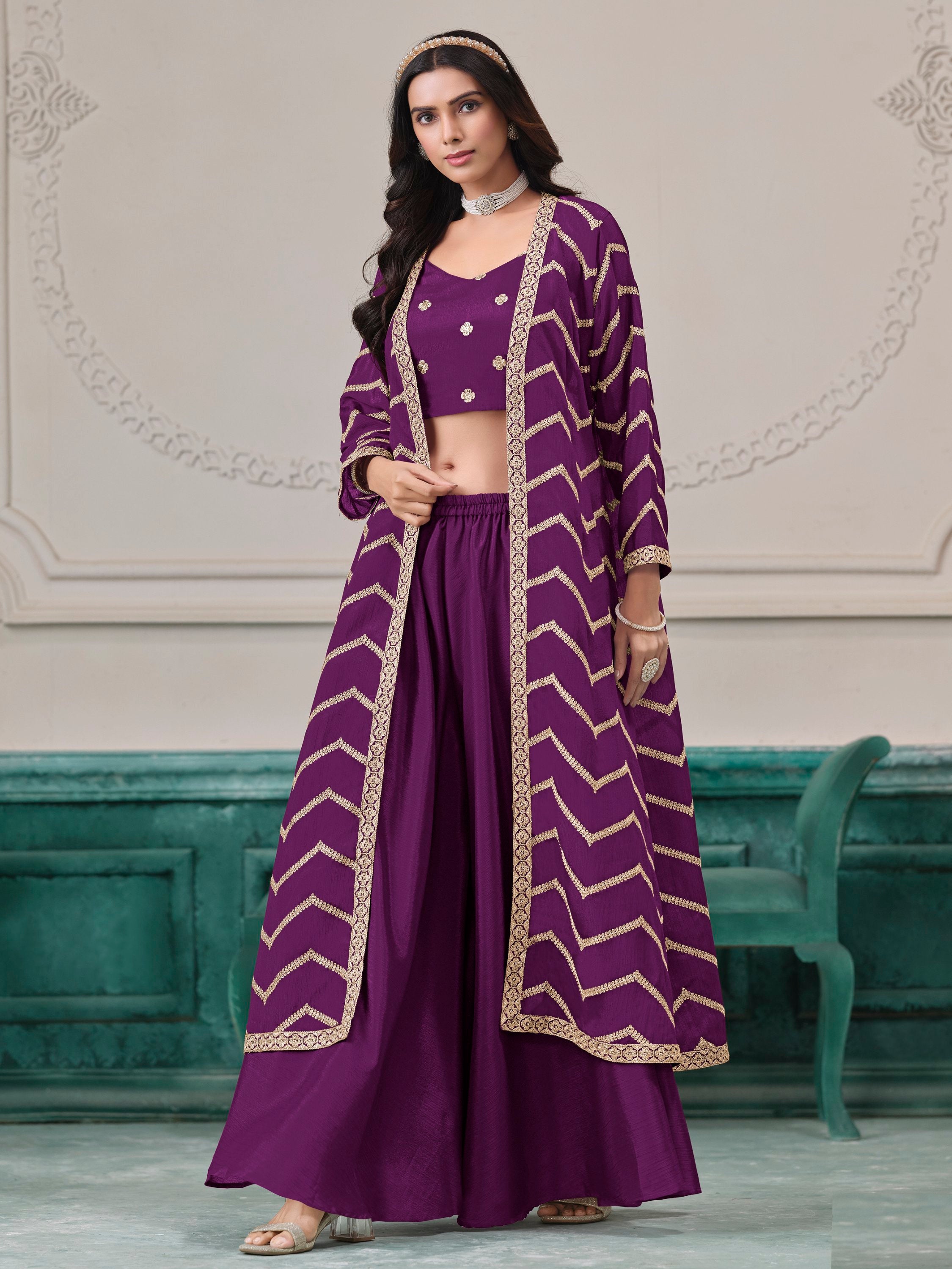 Stunning Purple Embroidered Chinon Festive Wear Palazzo Suit With Jacket