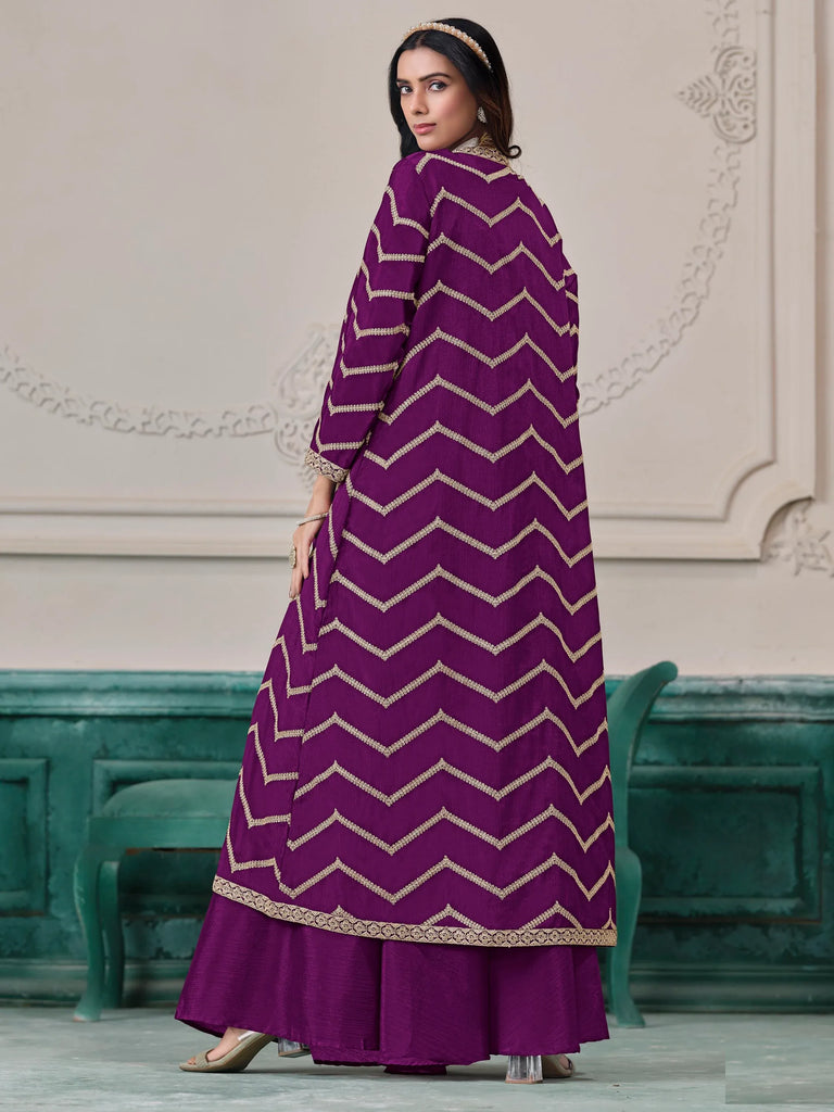 Stunning Purple Embroidered Chinon Festive Wear Palazzo Suit With Jacket