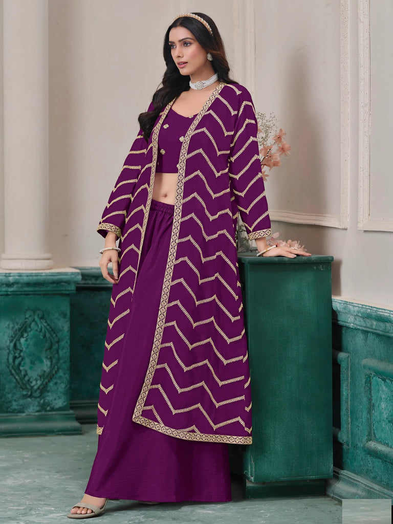 Stunning Purple Embroidered Chinon Festive Wear Palazzo Suit With Jacket