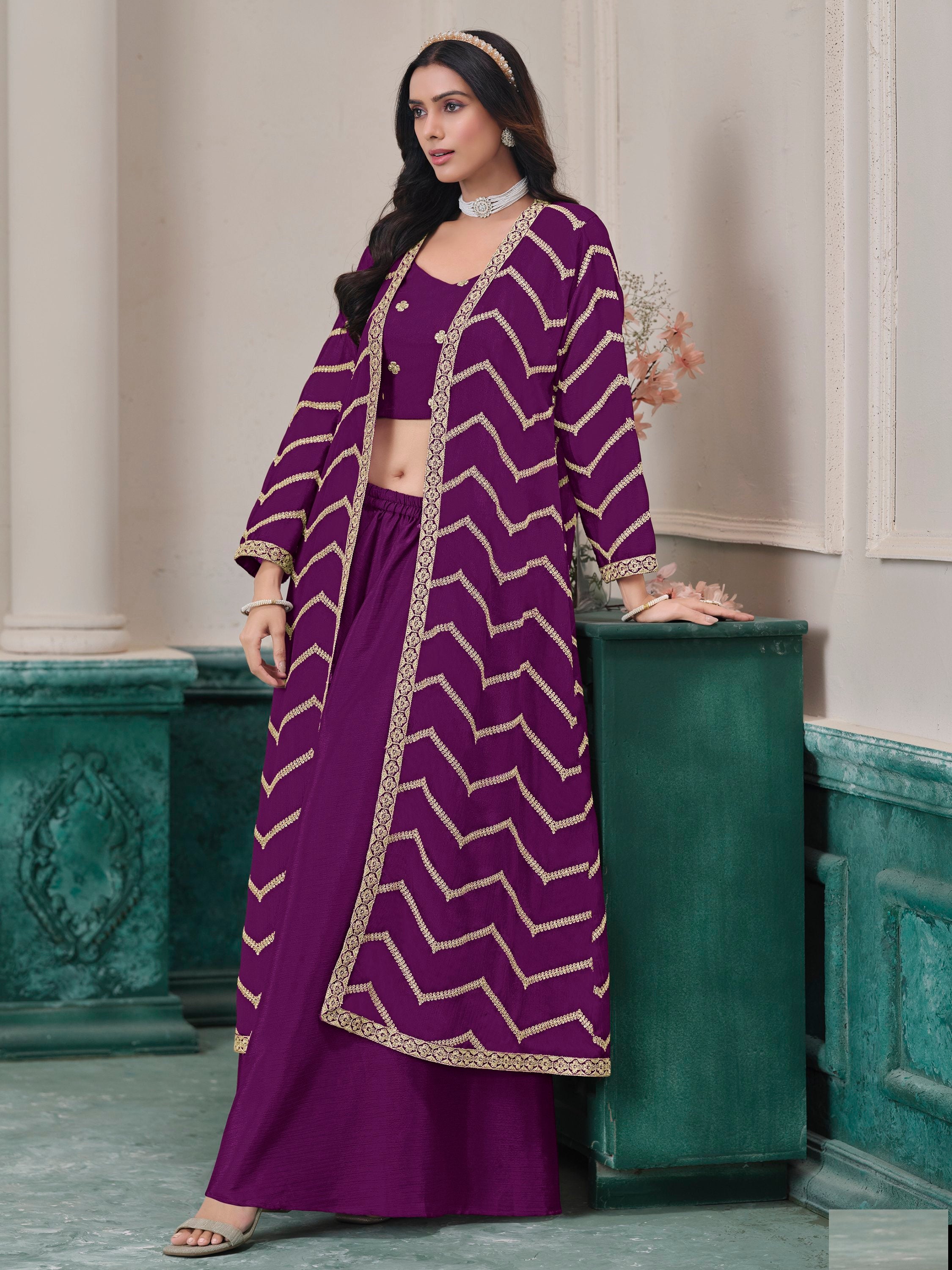 Stunning Purple Embroidered Chinon Festive Wear Palazzo Suit With Jacket
