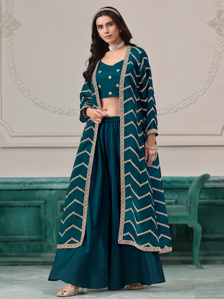 Notable Teal Green Chinon Engagement Wear Palazzo Suit With Jacket