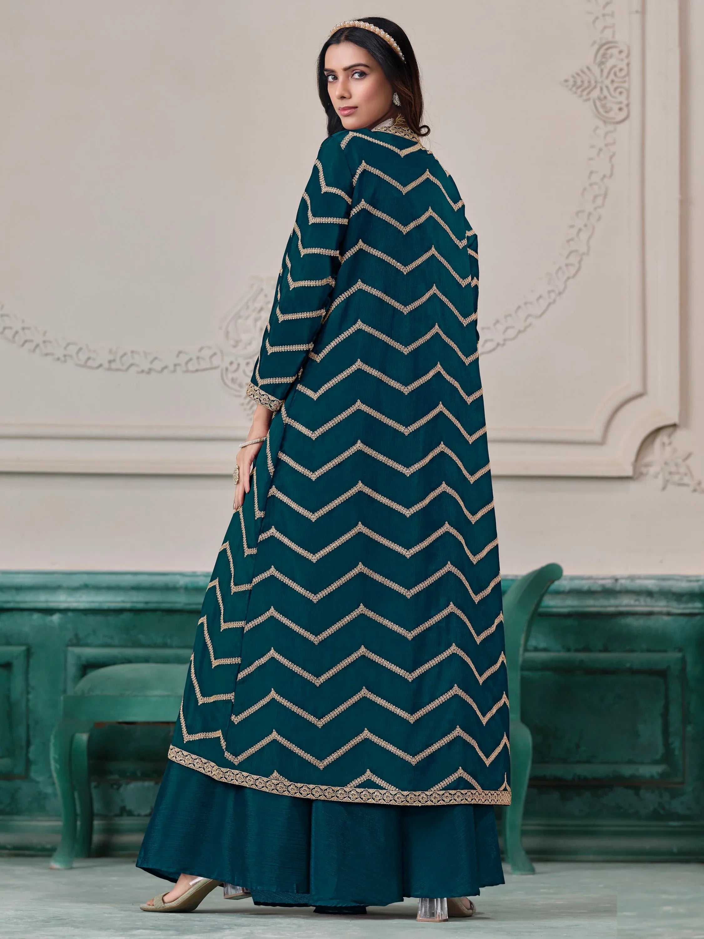Notable Teal Green Chinon Engagement Wear Palazzo Suit With Jacket
