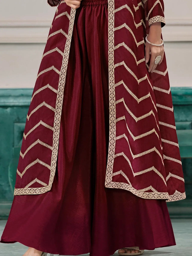 Lovable Maroon Dori Work Chinon Wedding Wear Palazzo Suit With Jacket