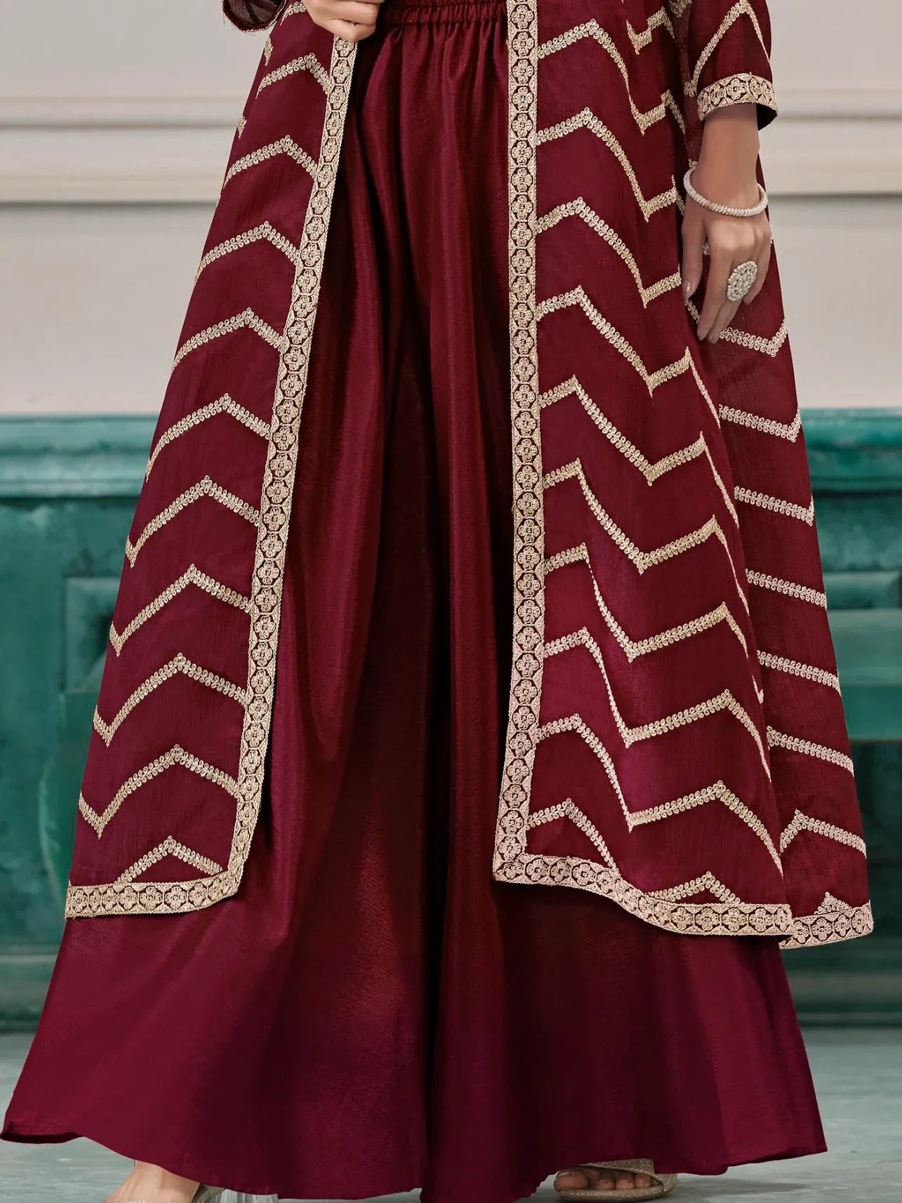 Lovable Maroon Dori Work Chinon Wedding Wear Palazzo Suit With Jacket