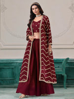 Lovable Maroon Dori Work Chinon Wedding Wear Palazzo Suit With Jacket