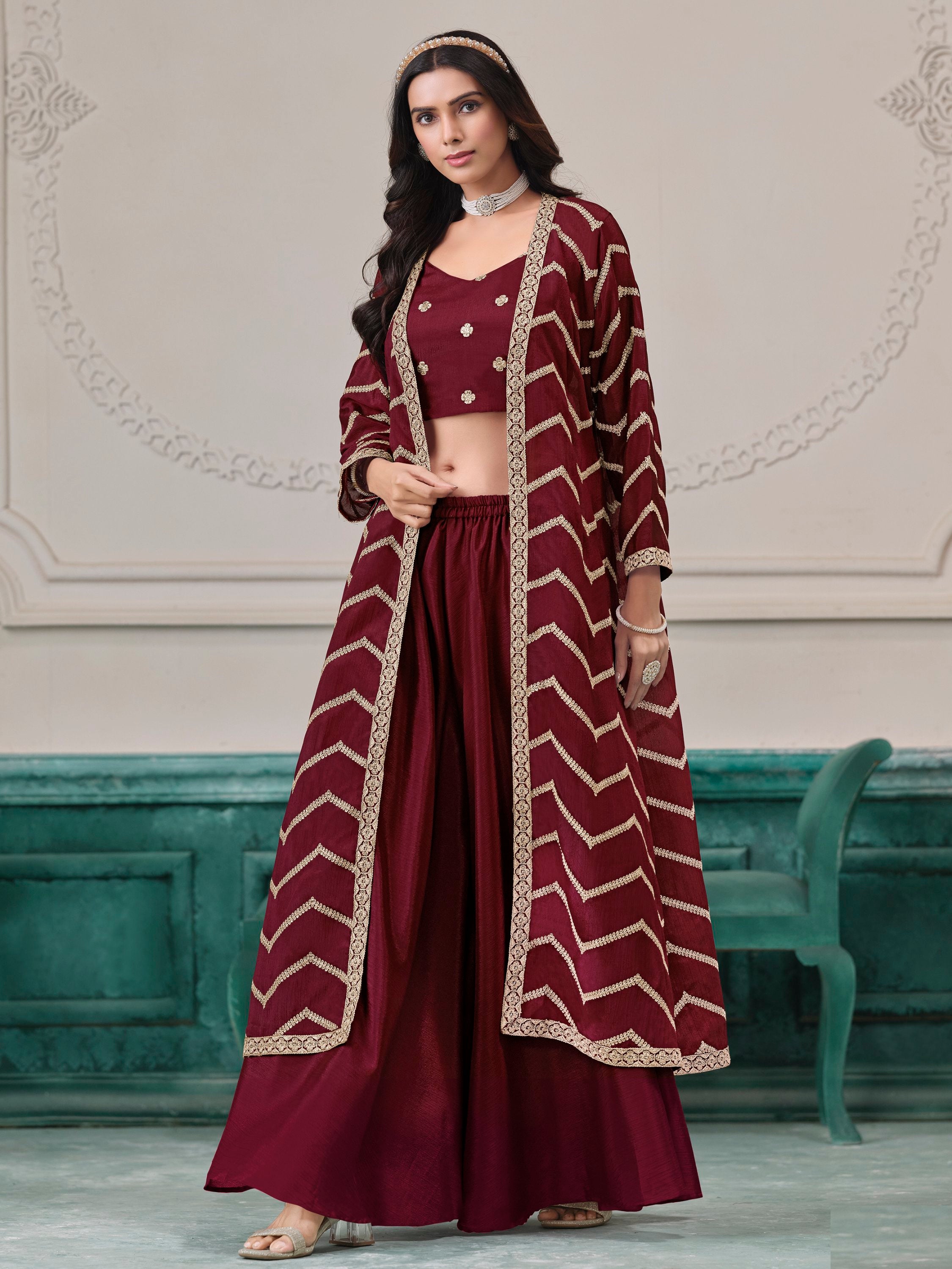 Lovable Maroon Dori Work Chinon Wedding Wear Palazzo Suit With Jacket