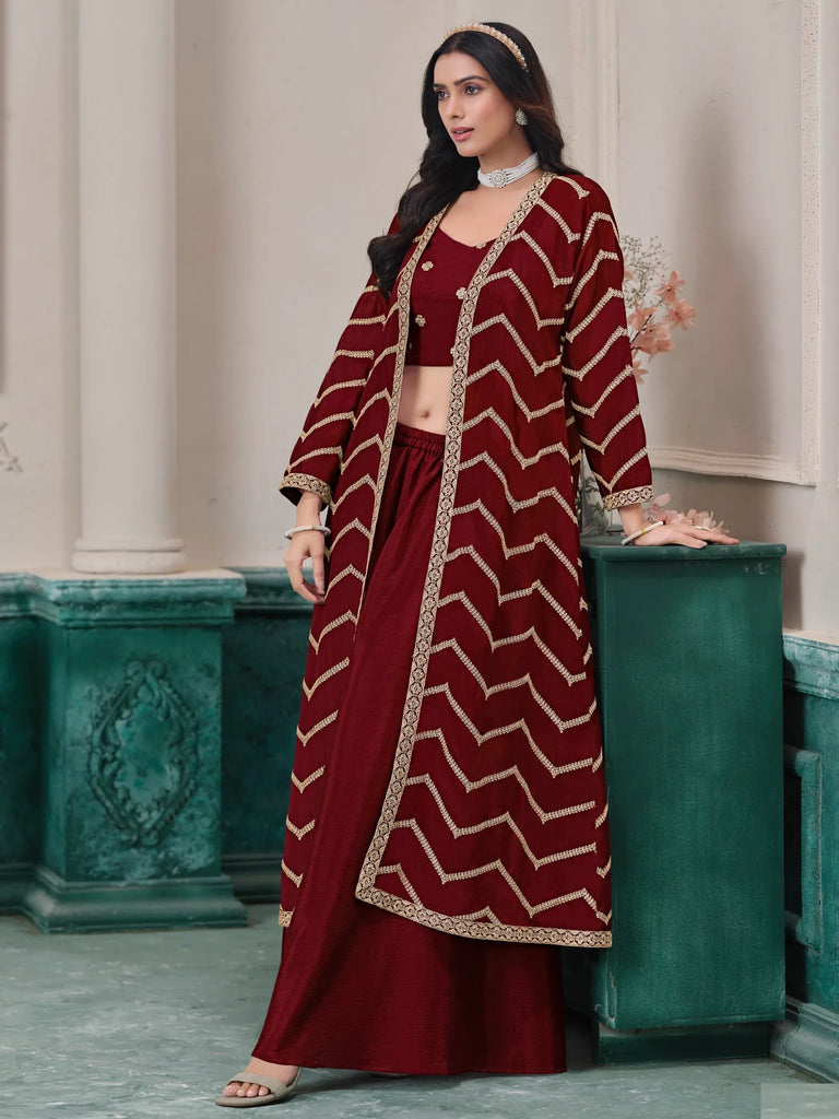 Lovable Maroon Dori Work Chinon Wedding Wear Palazzo Suit With Jacket