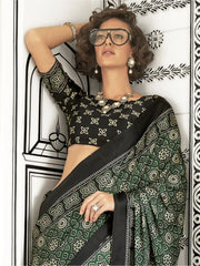 Amazing Green Printed Satin Traditional Wear Saree With Blouse