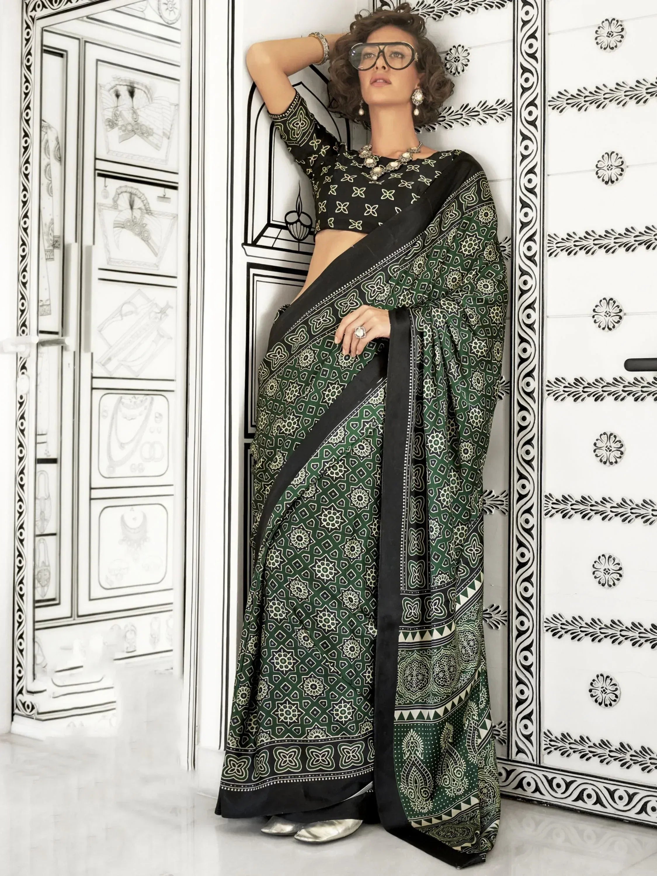 Green and black printed saree with matching blouse, ethnic wear for women