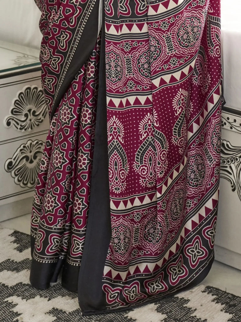 Attractive Maroon Printed Satin Traditional Wear Saree With Blouse