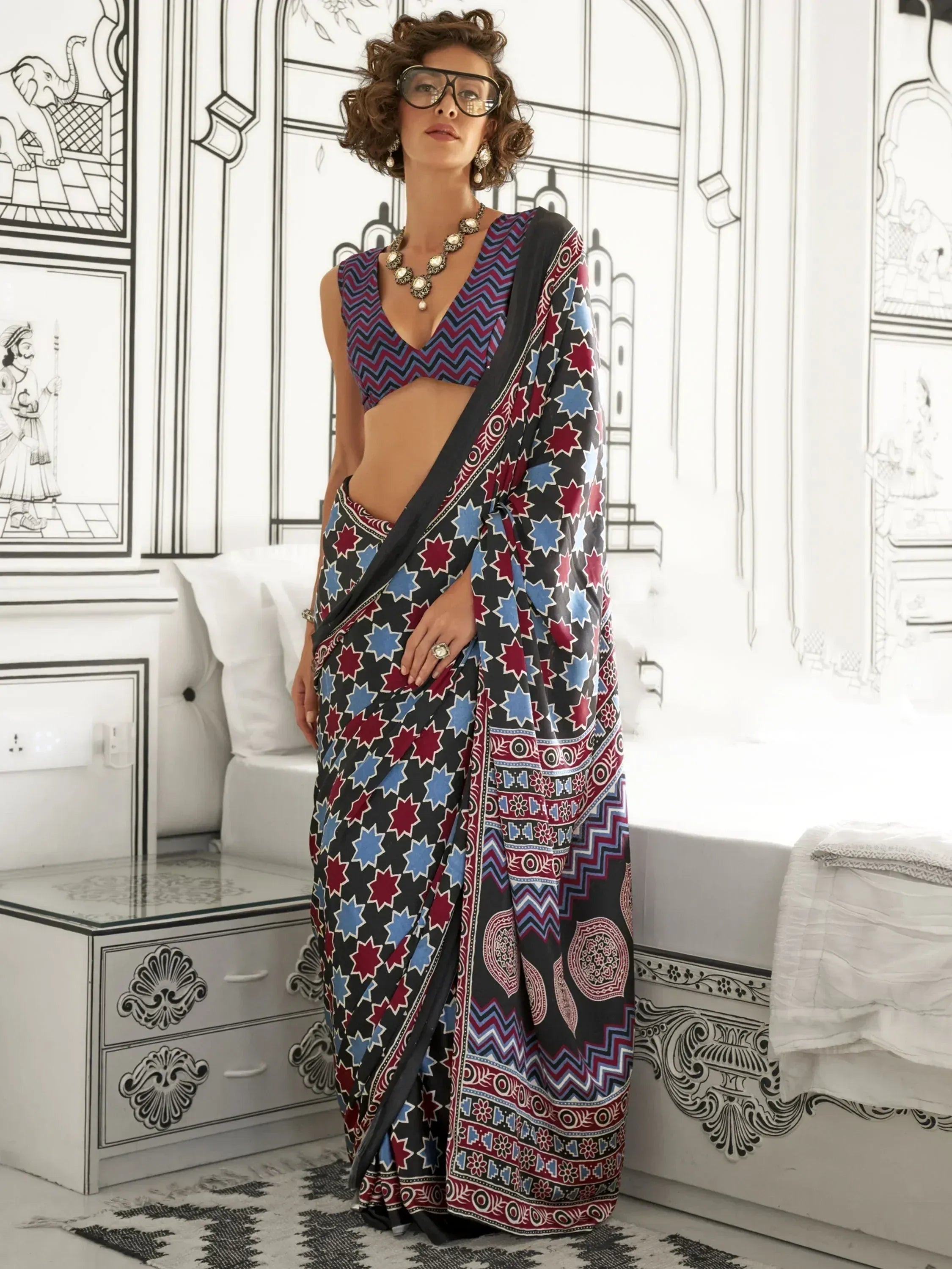 Stylish printed saree with geometric star pattern, ethnic wear for women, designer blouse, Indian fashion