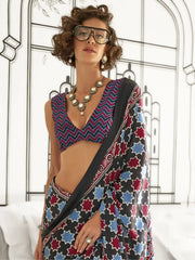 Gorgeous Black Printed Satin Traditional Wear Saree With Blouse