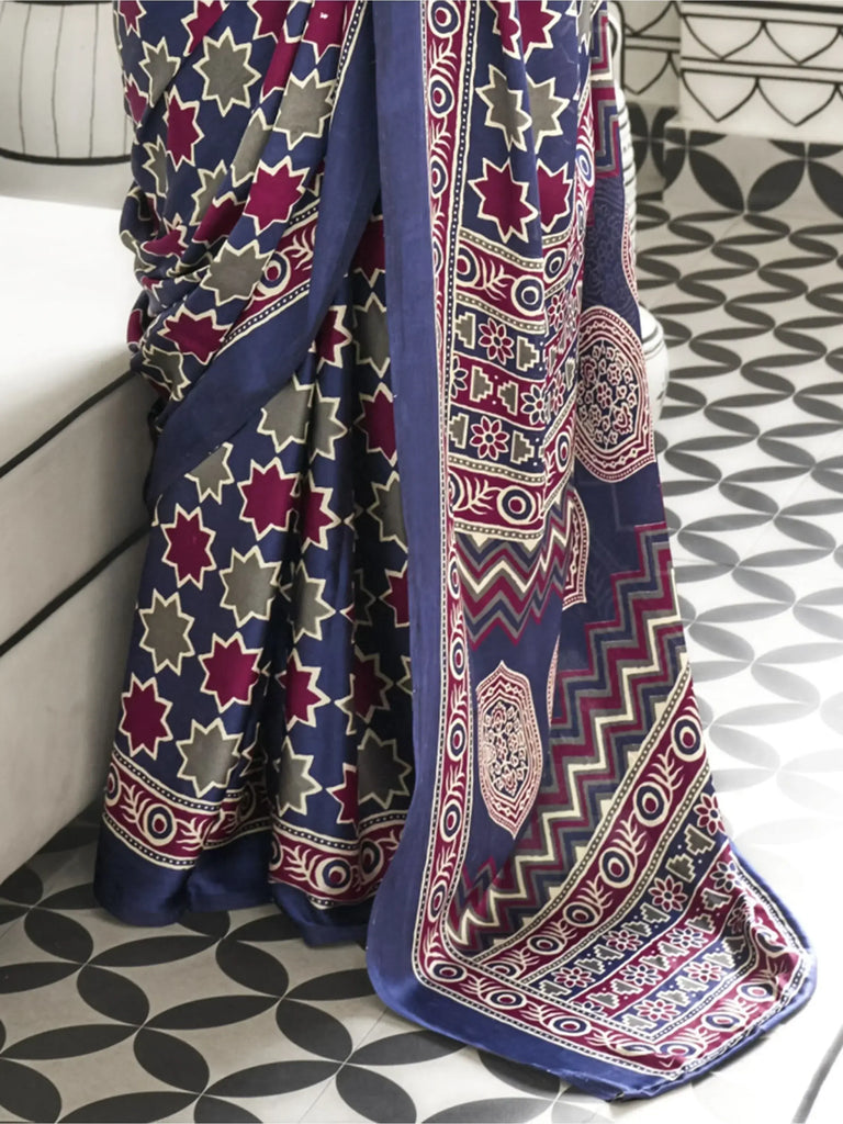 Beautiful Blue Printed Satin Traditional Wear Saree With Blouse