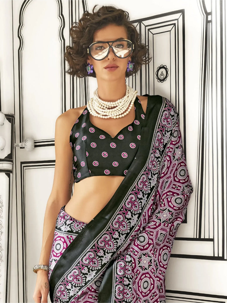 Awesome Wine Printed Satin Traditional Wear Saree With Blouse
