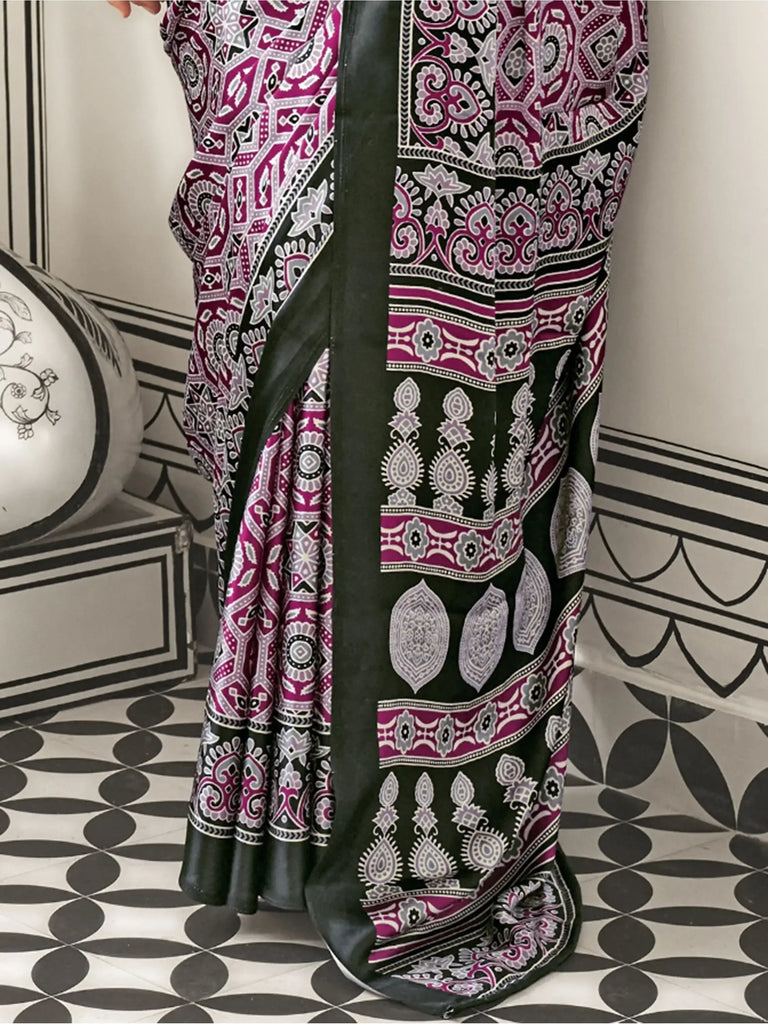 Awesome Wine Printed Satin Traditional Wear Saree With Blouse