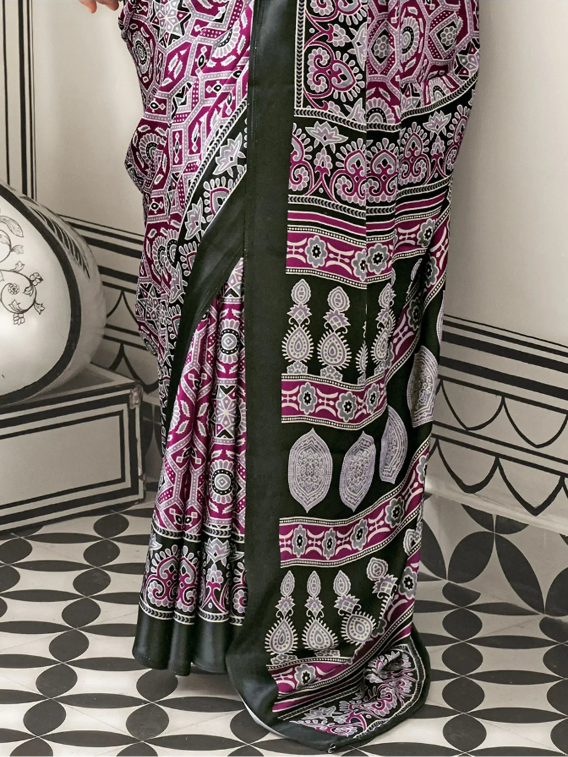 Ethnic printed gown with purple, black, and grey paisley patterns, perfect for Indian wear occasions.