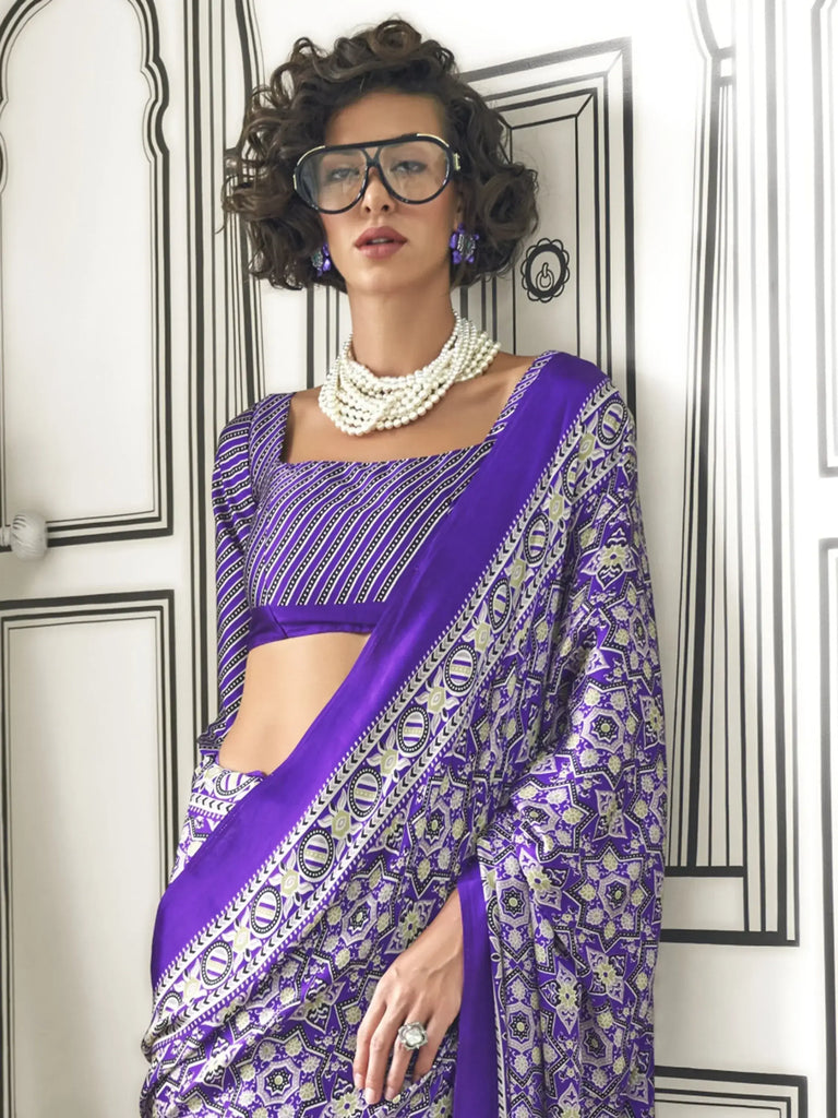 Attractive Violet Printed Satin Wedding Wear Saree With Blouse