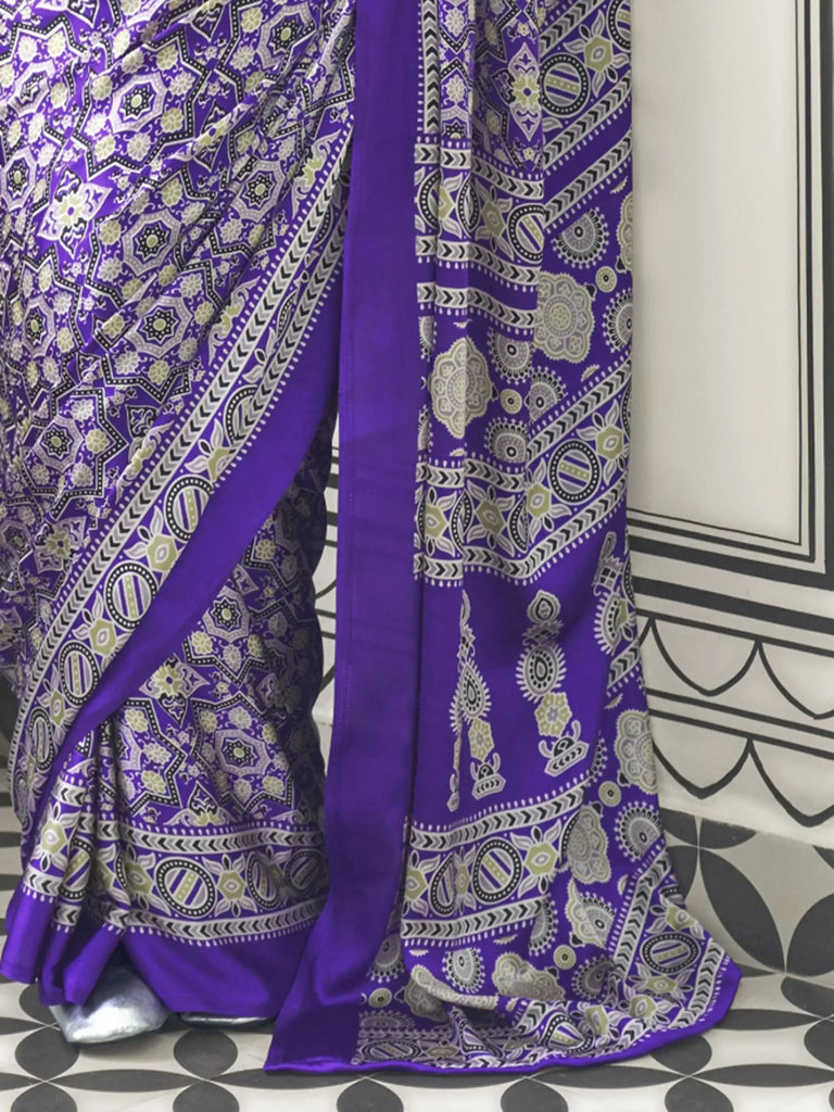 Attractive Violet Printed Satin Wedding Wear Saree With Blouse