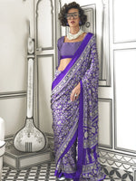 Attractive Violet Printed Satin Wedding Wear Saree With Blouse