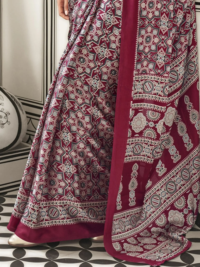 Adorable Maroon Printed Satin Wedding Wear Saree With Blouse
