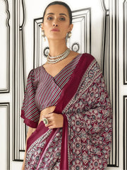 Adorable Maroon Printed Satin Wedding Wear Saree With Blouse