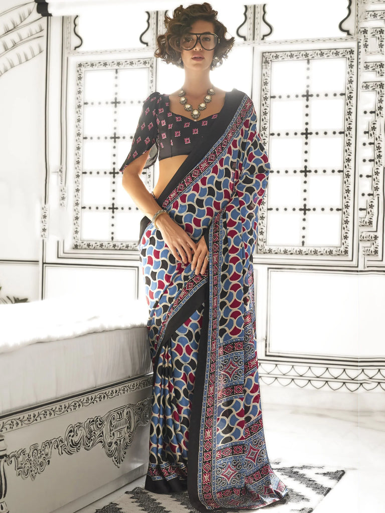 Attractive Light Sky Blue Printed Satin Wedding Wear Saree With Blouse