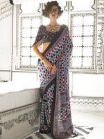 Attractive Light Sky Blue Printed Satin Wedding Wear Saree With Blouse