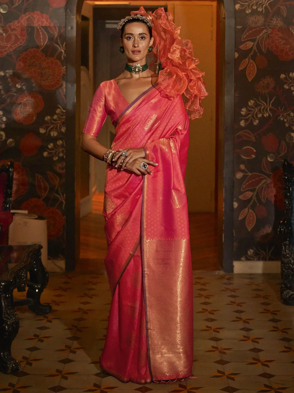 Attractive Coral Pink Handwoven Silk Function Wear Saree With Blouse