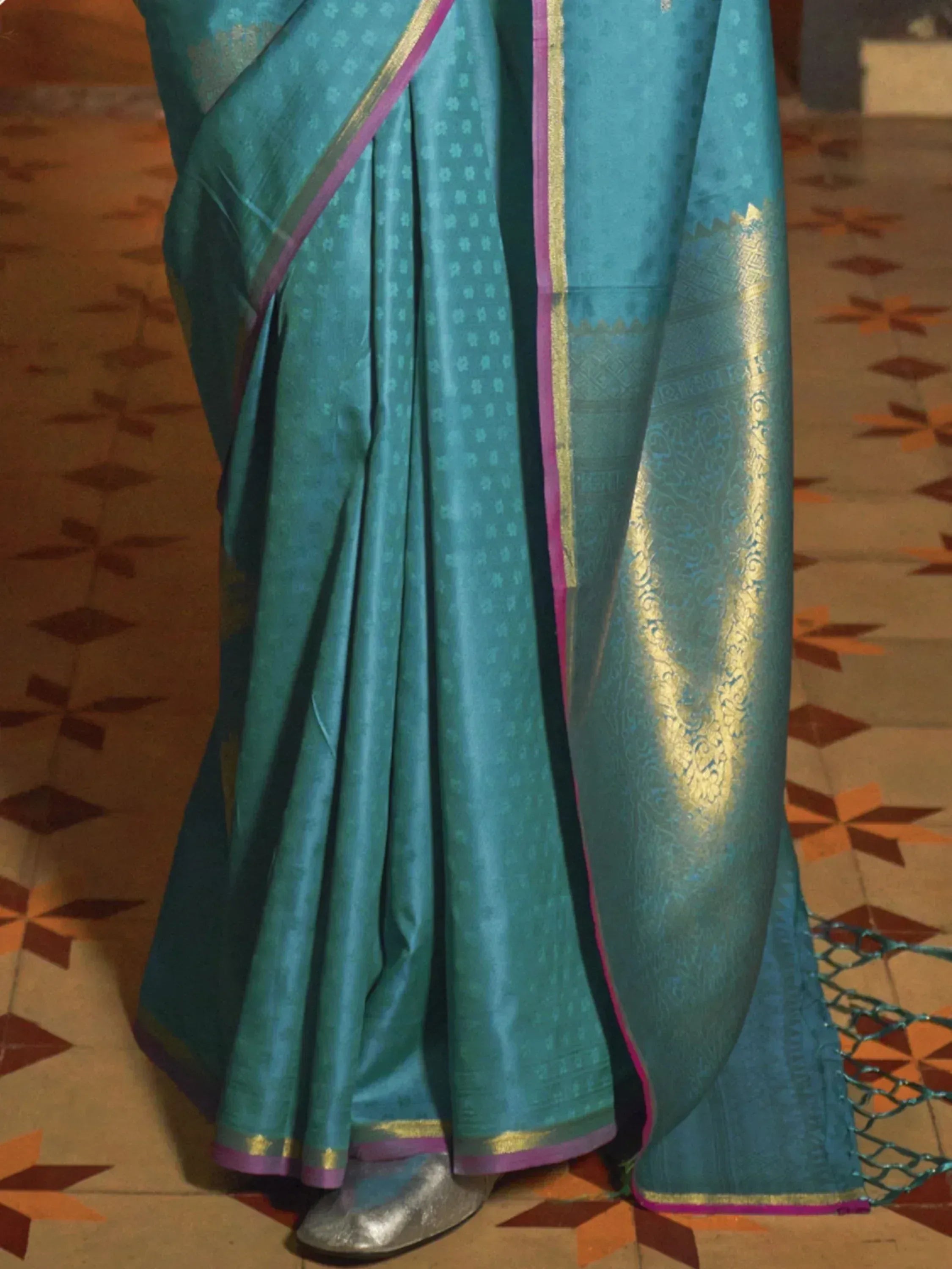 Teal silk saree with gold zari and pink border, traditional Indian ethnic wear