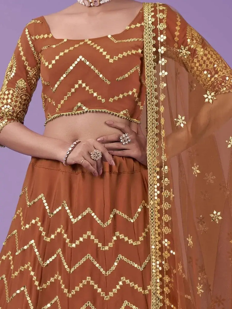 Outstanding Orange Zari Work Georgette Party Wear Lehenga Choli