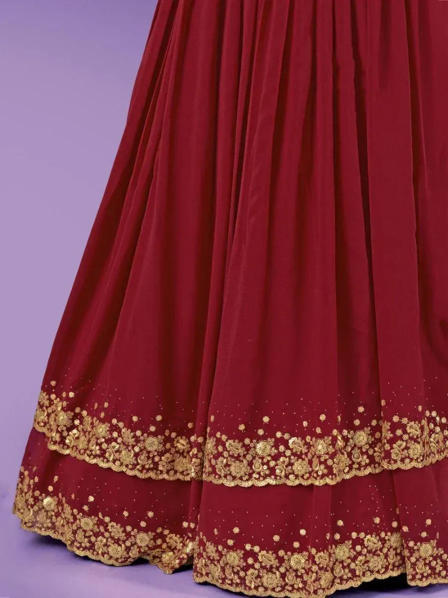 Maroon lehenga with gold floral embroidery and scalloped hem, Indian ethnic wear
