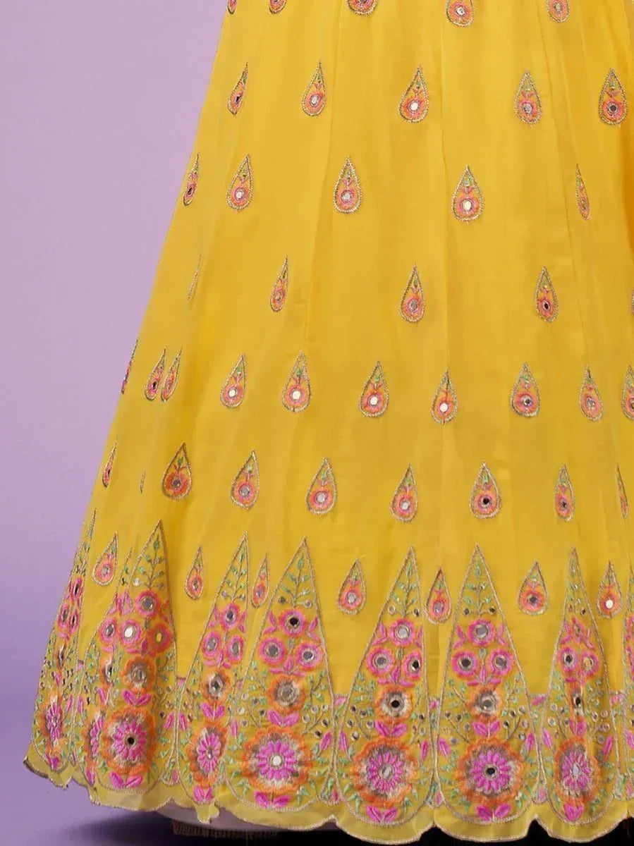 Yellow lehenga with floral and mirror embroidery, ethnic Indian wear