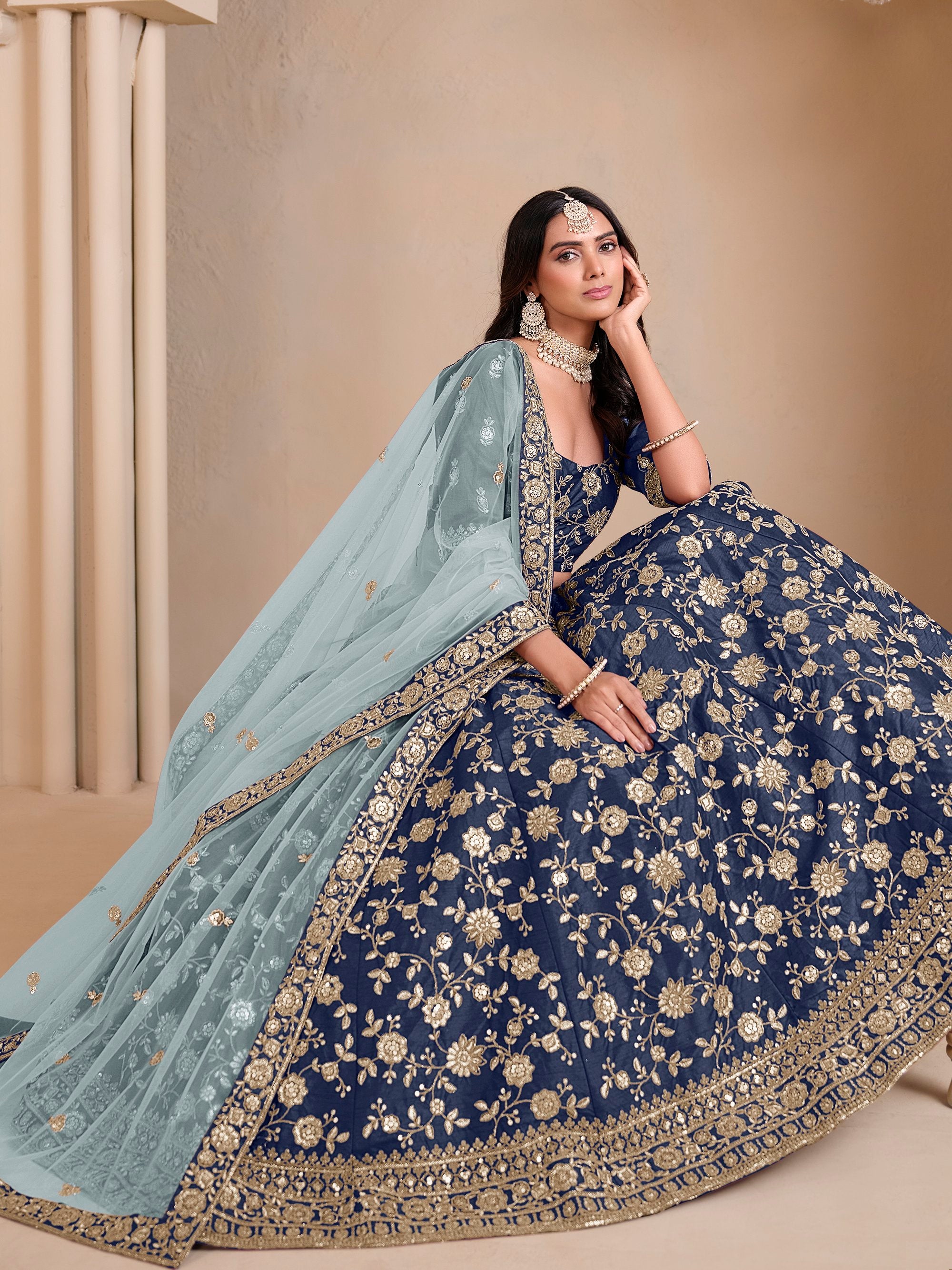 Fantastic Navy Blue Sequins Silk Traditional Lehenga Choli With Dupatta