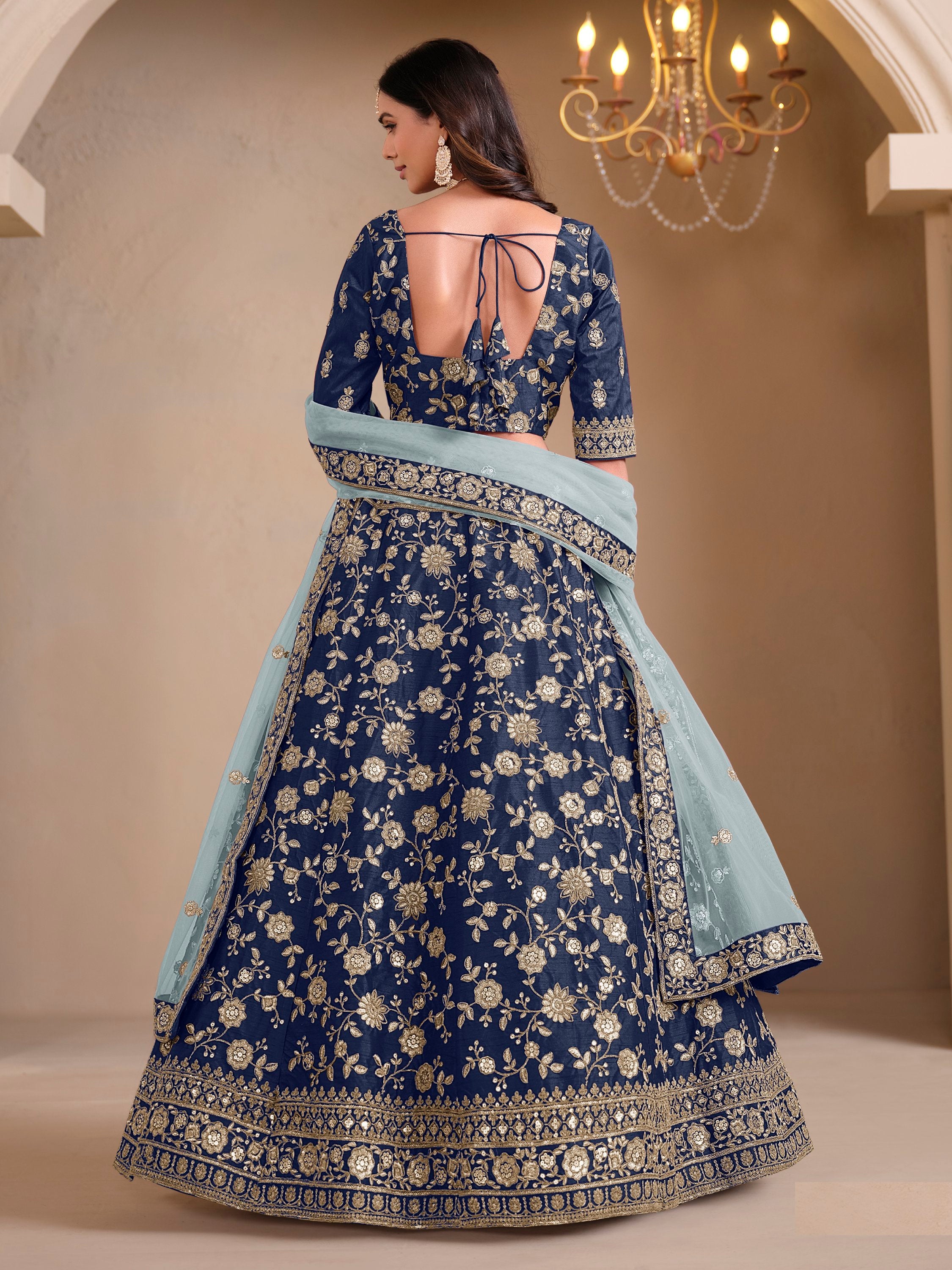 Fantastic Navy Blue Sequins Silk Traditional Lehenga Choli With Dupatta