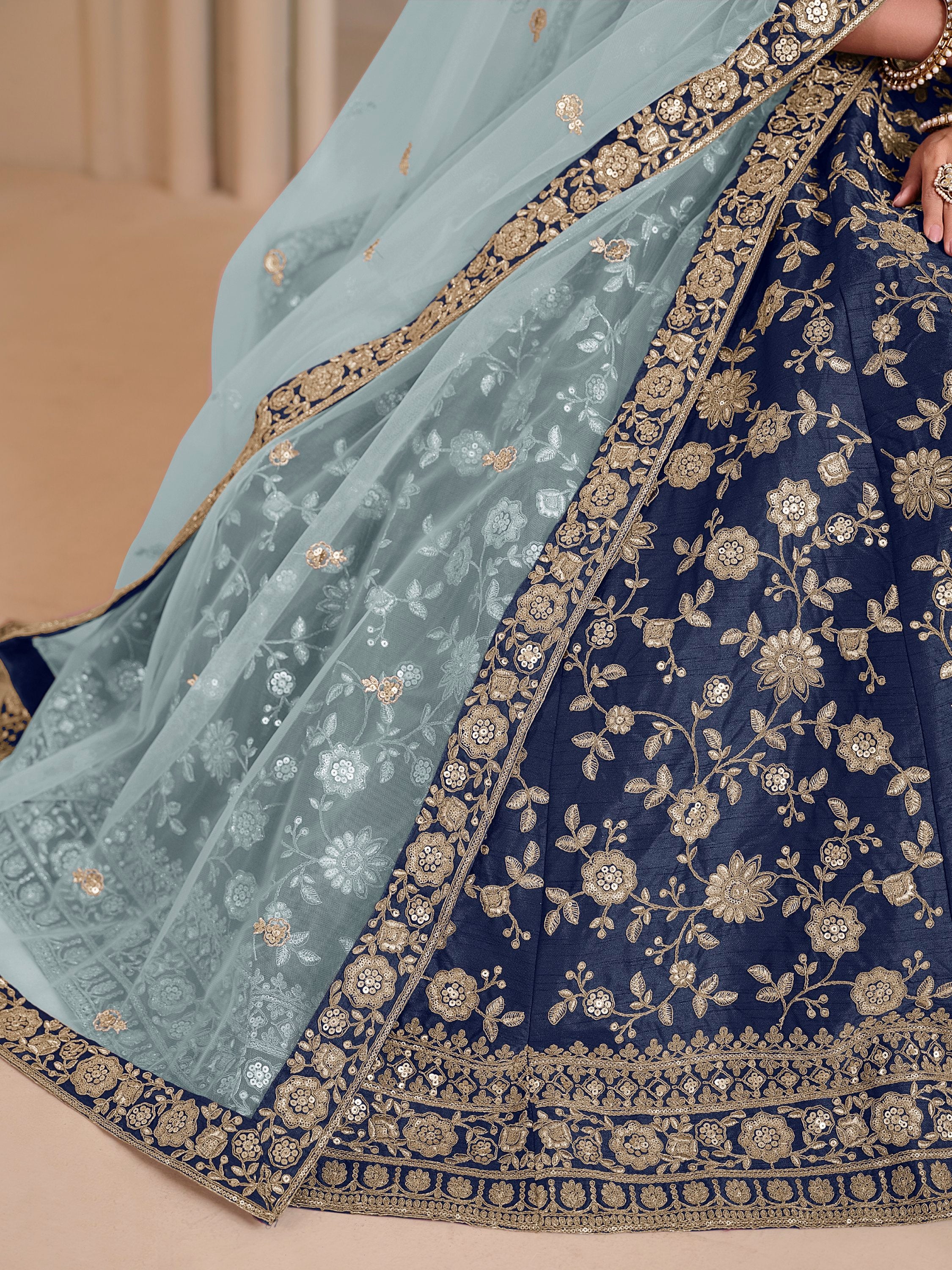 Fantastic Navy Blue Sequins Silk Traditional Lehenga Choli With Dupatta