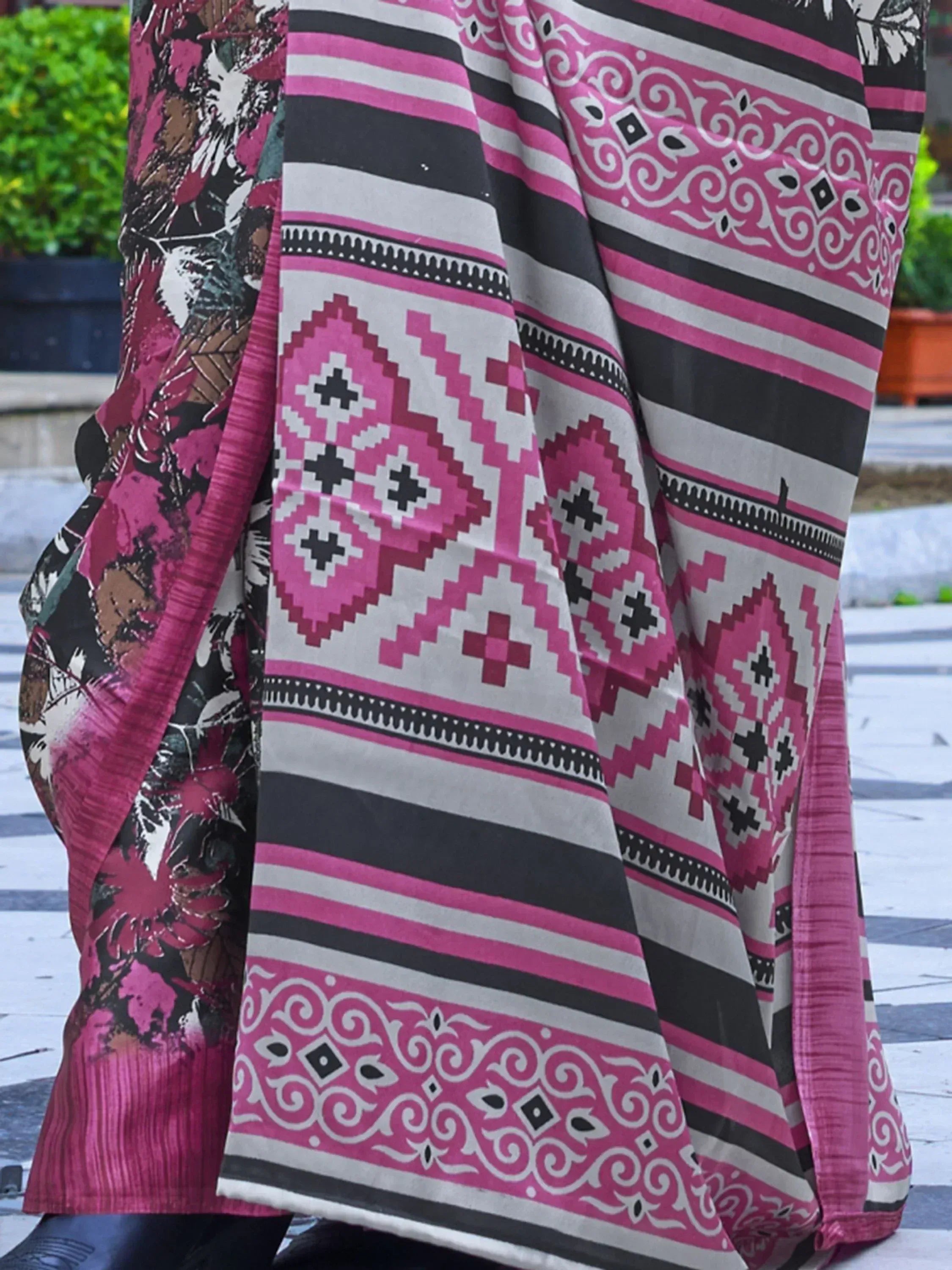 Pink black white ethnic printed saree with geometric floral patterns, perfect for Indian festive wear