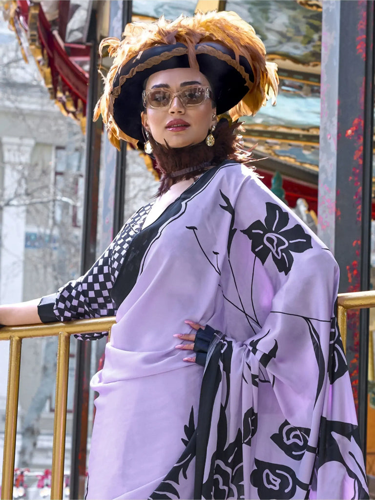 Appealing Lavender Color Printed Satin Casual Wear Saree With Blouse
