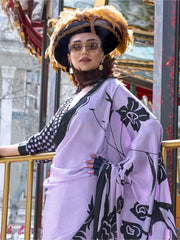 Appealing Lavender Color Printed Satin Casual Wear Saree With Blouse