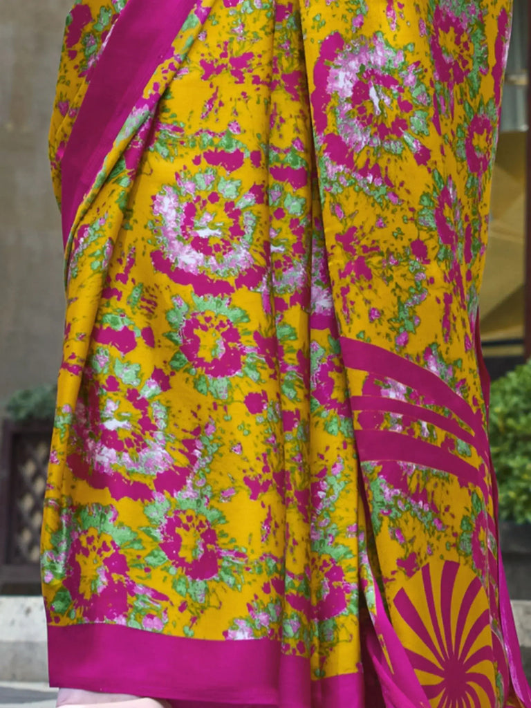 Stunning Yellow Color Printed Satin Haldi Wear Saree With Blouse
