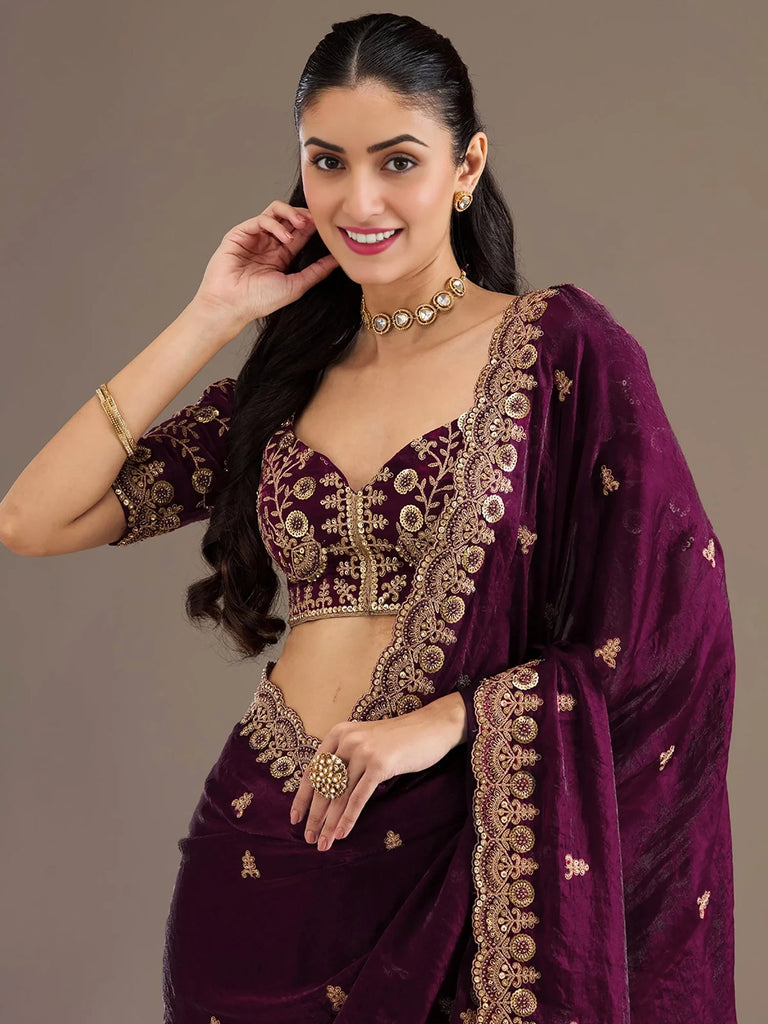 Stunning Wine Embroidered Silk Reception Wear Saree With Blouse