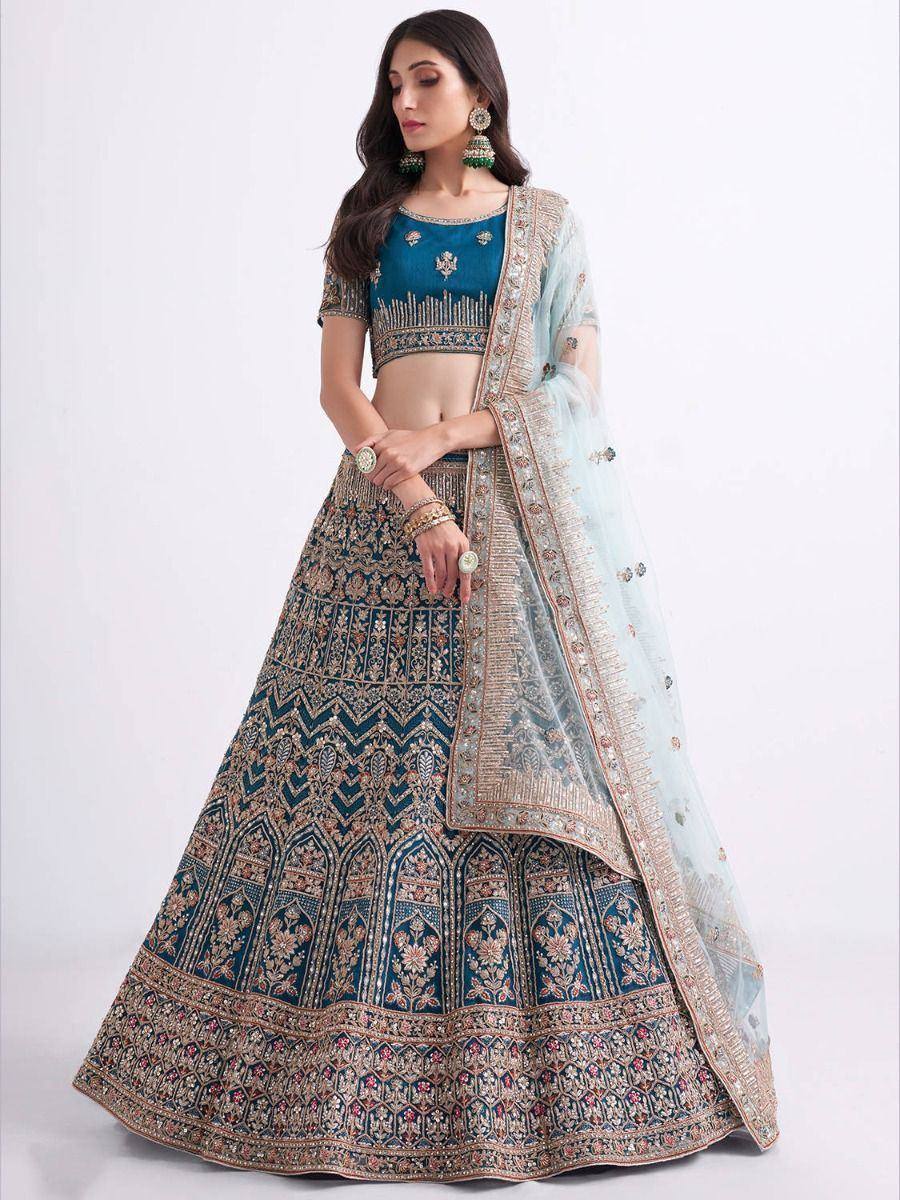 Blue embroidered lehenga choli with sheer dupatta, Indian ethnic wear for weddings and festivals
