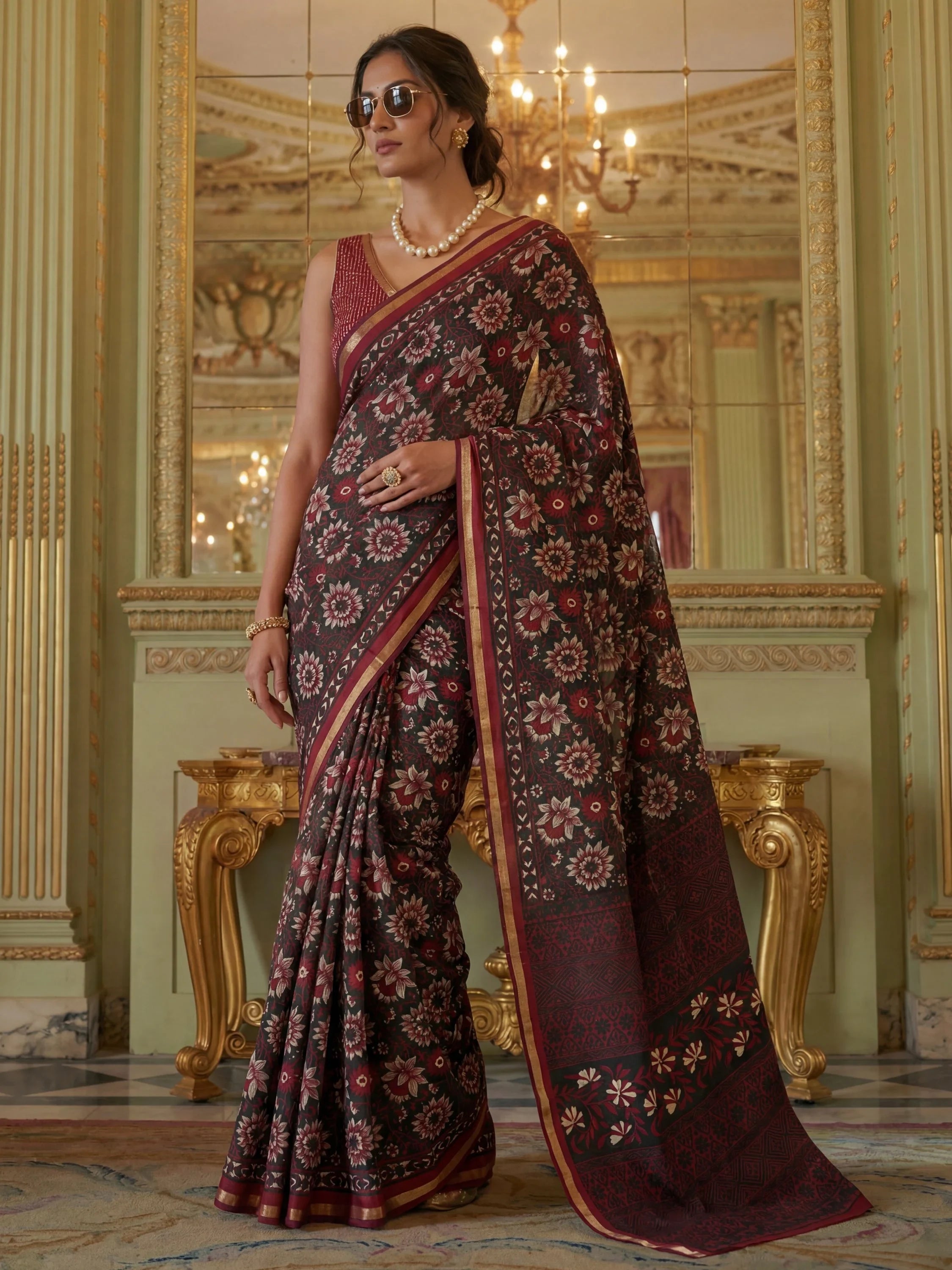 Gorgeous Black Digital Printed Silk Event Wear Saree With Blouse