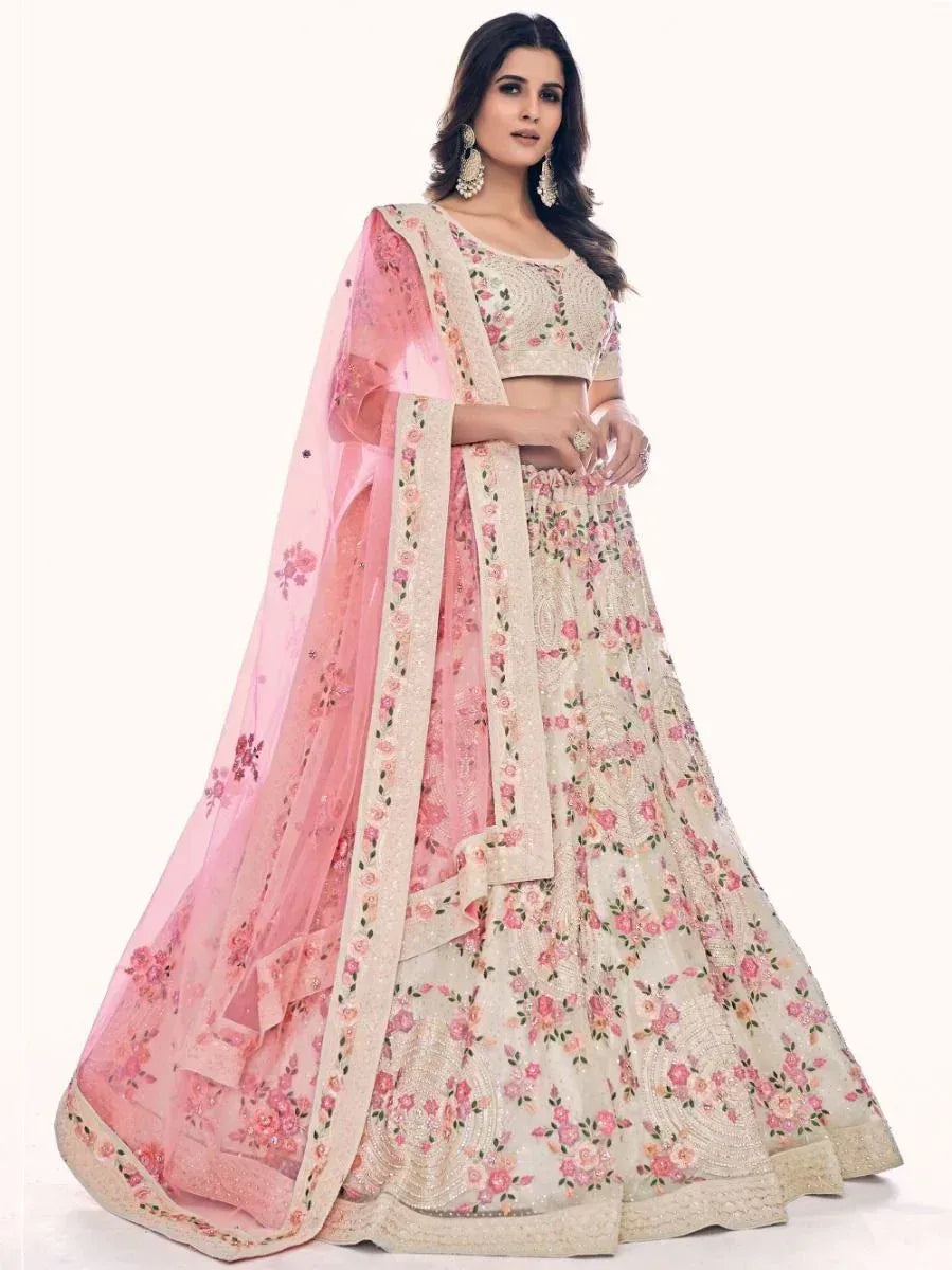 Elegant floral lehenga choli with pink dupatta, perfect for Indian weddings and festive occasions