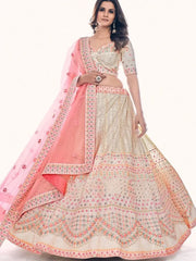 Fluorescent Off-White Embroidered Soft Net Lehenga Choli
