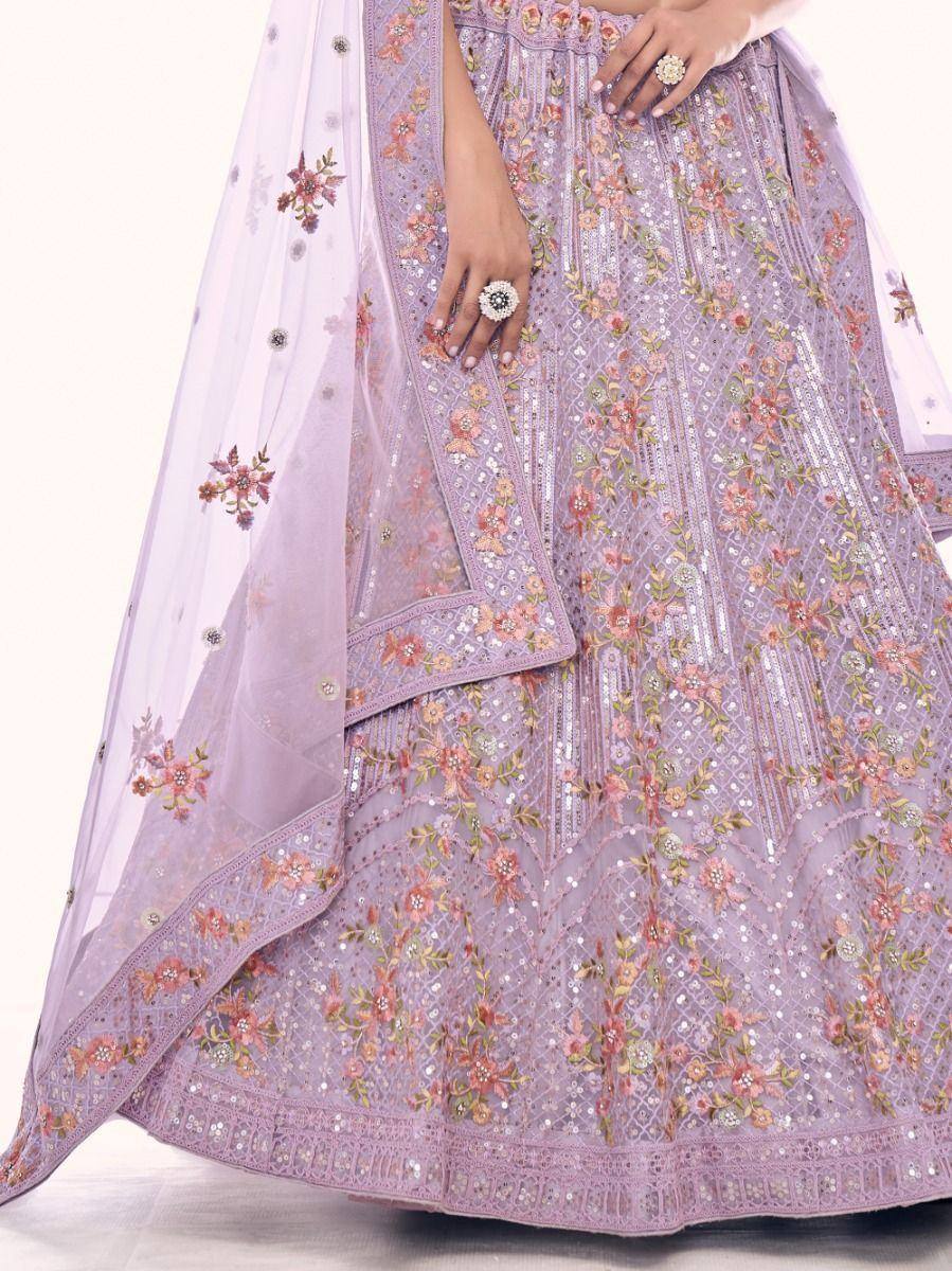 Lavender floral embroidered lehenga choli with sequins and sheer dupatta, perfect for Indian ethnic occasions