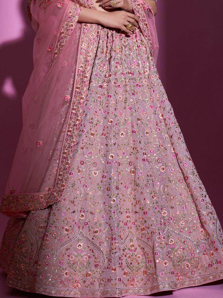Lovely Peach Thread Embroidered Georgette Lehenga Choli