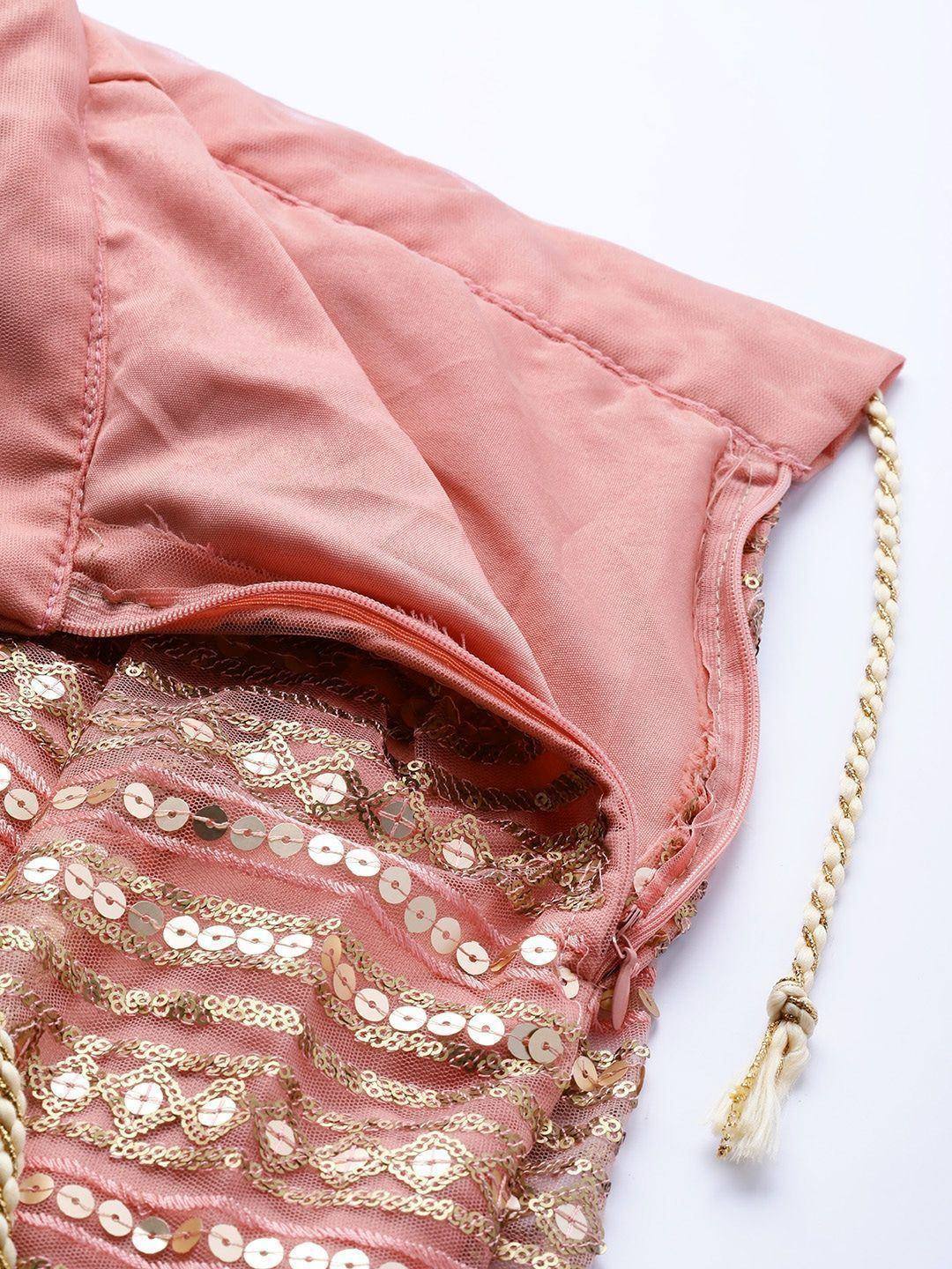 Pink ethnic gown with gold sequin embroidery and tassel detail