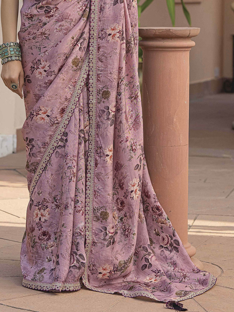Regal Light Pink Border Work Silk Party Wear Saree With Blouse