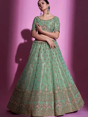 Stunning Pista-Green Thread Embroidered Gota Silk Lehenga Choli