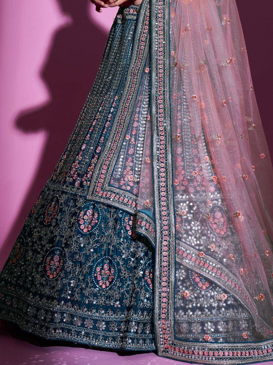 Blue embroidered lehenga choli with pink net dupatta, Indian ethnic wear